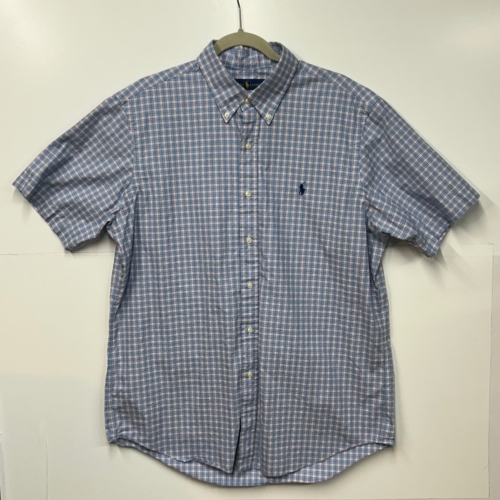 Polo Ralph Lauren Mens Large Blue Pink Plaid Short Sleeve Button Down Shirt